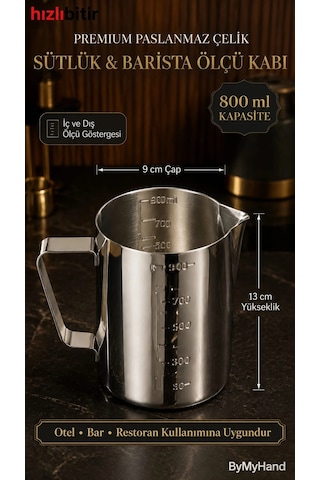 Bymyhand Premium Paslanmaz Çelik Ölçü Kabı Karıştırma Kabı Sütlük Süt Potu Barista Ölçü Kabı 800 Ml Çok Renkli