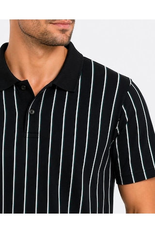 Novalisse Erkek Pike Kumaş Çizgili Polo Yaka Tişört Kısa Kol Yazlık T-shirt - Siyah Çoklu Renk