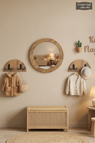 Antik Ahşap Dekoratif 3 Parça Portmanto Aynalı Askılık Set Oda Duvar Antre Hol Koridor Lavabo Makyaj Raflı Askılı Ayna X-6 Atlantik Çam
