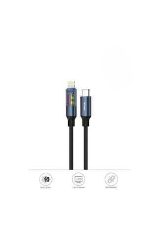 Torima U21 Type-c To Lightning 27 W Led Ekranlı Dayanıklı Örgü Hızlı Şarj Kablosu Siyah