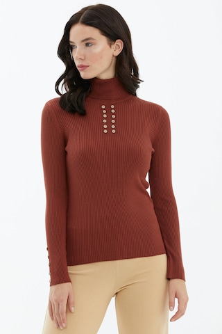 Tam Balıkçı Yaka Düğmeli Triko Kazak - Kiremit