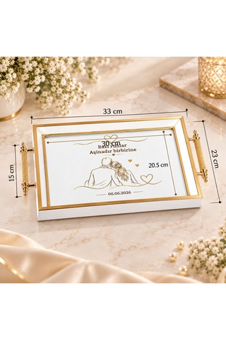 Bk Gift Kişiye Özel Beyaz&gold Söz Nişan Tepsisi-8 - 39x23 Cm Çok Renkli