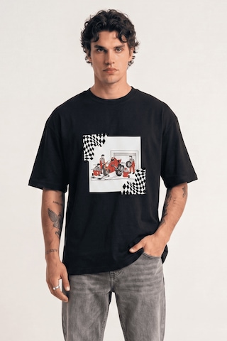 Black Nova Oversize Baskılı Unisex %100 Pamuk T-shirt Pit Stop Siyah