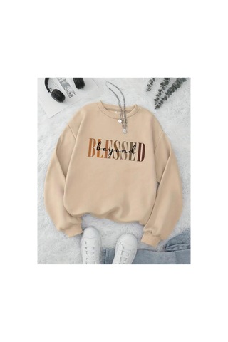Herkesemoda Blessed Baskılıı Bisiklet Yaka İçi Polarlı Sweatshirt Beyaz