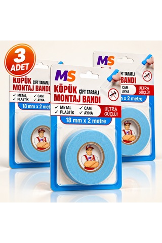 3 Adet Ultra Güçlü 18 Mm X 2 Metre Çift Taraflı Köpük Montaj Bandı Metal Plastik Cam Bantı Bantları