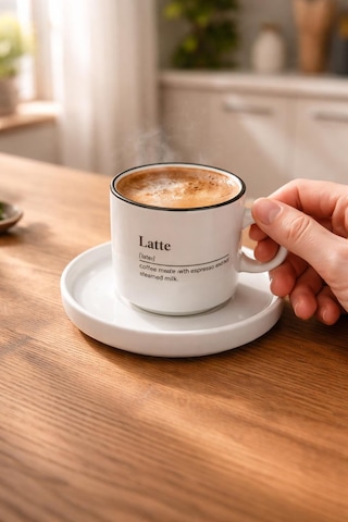 Latte Yazılı Kahve Fincanı Ve Tabağı Siyah Çerçeve Detaylı Modern Tasarım Kahve Kupası Bardağı Beyaz