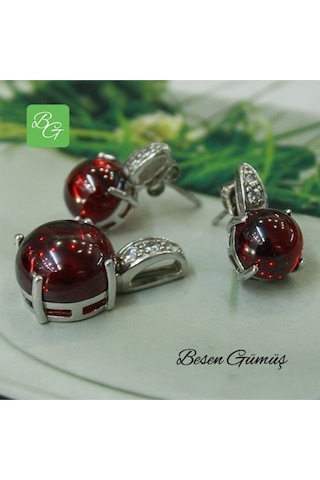 Kırmızı Bombeli Taşlı Set Rose Gold - Gümüş