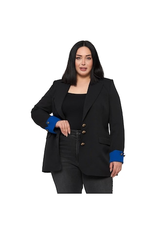 Disentis Büyük Beden Manşeti Kumaş Garnili Düğme Detaylı Astarlı Siyah Saks Mavi Blazer Ceket Siyah Saks