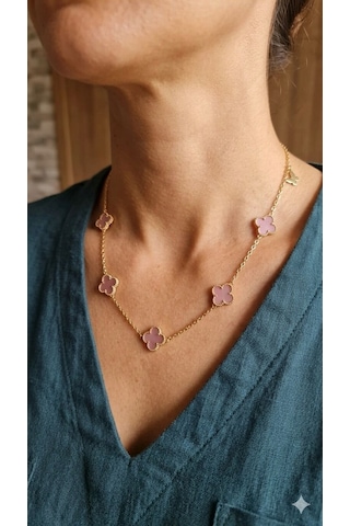 Yonca Kelebek Detaylı Pembe Kolye Diğer