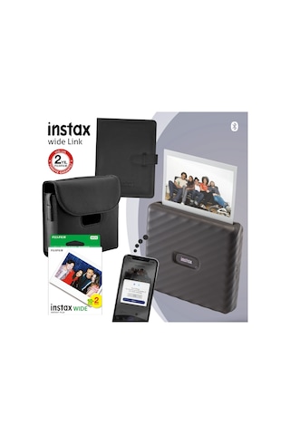 Fujifilm Instax Wide Link Gri Akıllı Telefon Yazıcısı + 20'li Film + Deri Çanta + Albüm 1 Gri