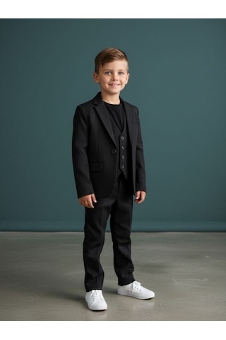Zekids Erkek Çocuk Slim Fit 3 Lü Takım Elbise Ceket + Yelek + Pantolon -10333 Siyah