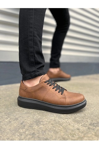 Mevese Tsoob Bağcıklı Cilt Erkek Günlük Rahat Taban Sneaker Ayakkabı - Taba Siyah