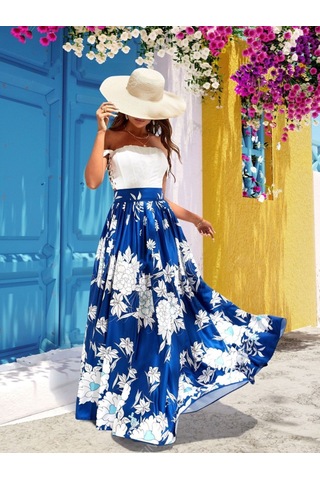 Kadın Çiçek Baskılı Maxi Boy Süprem Etek Mavi