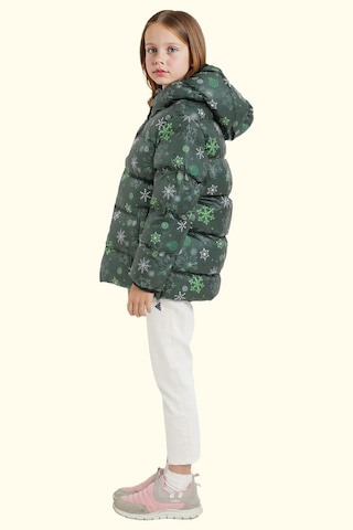 Kız Çocuk Pusula Desen Polar Su Ve Rüzgar Geçirmez Kapüşonlu Şişme Kışlık Mont Yeşil