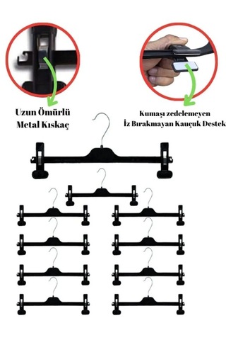 10 Adet Mandallı Pantolon & Etek Askısı Metal Kıskaçlı, Kırışma Önleyici Süngerli, Kaymaz Tasarım Siyah