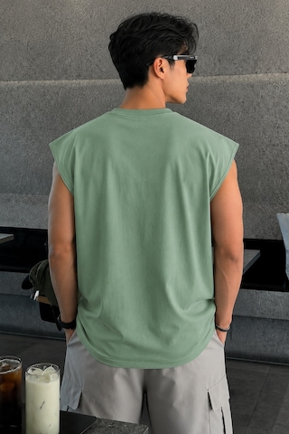 Tarz Cool Erkek Oversize Kolsuz Tişört %100 Pamuk Süprem Basic Bisiklet Yaka Yeşil