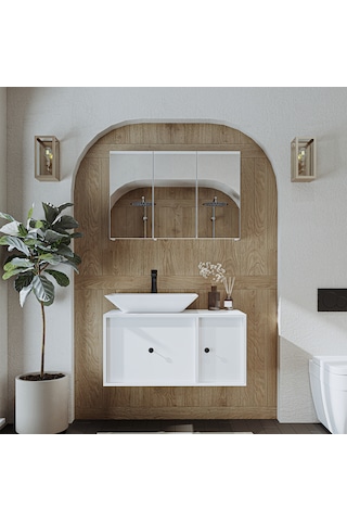 Çanak Lavabolu Mat Mdf 90 Cm Banyo Dolabı + Aynalı Dolap Beyaz Mat Beyaz