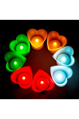 Kalpli Led Işıklı Mum Kırmızı Mum Yeşil Mum Beyaz Mum Sarı Mum Heart Led Light Colors Candle 8 Adet Renkli