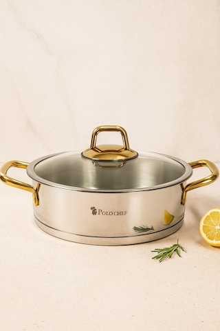 Polochef 24 Cm Paslanmaz Çelik Basık Tencere 3,2 Lt Geniş Tabanlı Pilav Ve Sote Tenceresi -34 Altın