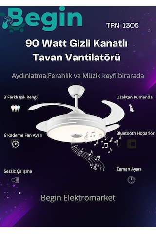 Begin 90w Gizli Kanatlı Bletooth Hoparlörlü Led Işıklı Tavan Vantilatör Uzaktan Kumandalı
