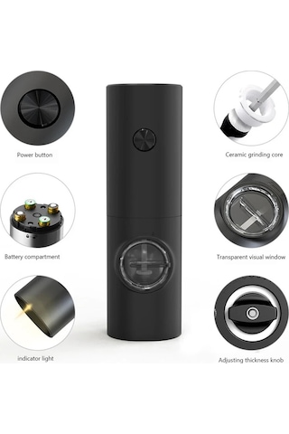 Jialan Elektrikli Mutfak Tuz Biber Değirmeni, Baharat Değirmeni Siyah