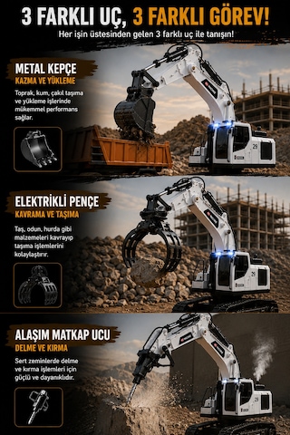 3in1 Excavator Kırıcı Delici Taşıyıcı Rc Uzaktan Kumandalı Işıklı Sesli Metal Alaşım Ekskavatör İş Makinesi Beyaz