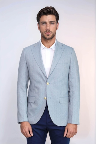 Açık Mavi Balıksırtı Desenli Gold Renk Metal Düğmeli Slim Fit Erkek Blazer Ceket - Wessi Navy Blue