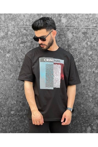 Flood Of Style Erkek Antrasit Crımınal Baskılı Oversize Bisiklet Yaka Tshirt Gri