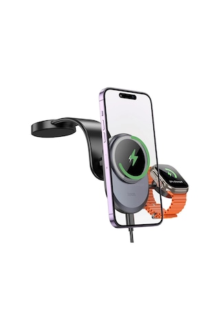 Hoco. Hw28 Excelso Yapışkanlı 15w Kablosuz Şarj Ve 2.5w Kablosuz Saat Şarj Destekli Magsafe Araç Tutucu - Siyah