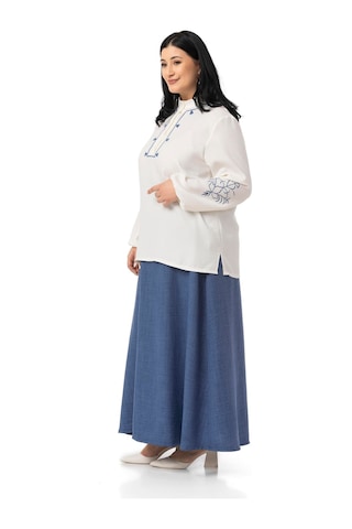 Büyük Beden Nakış Detaylı Bluz Etek İndigo İkili Takım İndigo