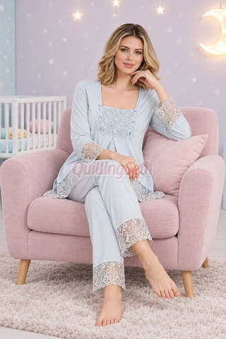 Quilling Bebe Mavi Renkli Dantel Detaylı, 33203, 2 Parça Lohusa Hamile Pijama Takımı Açık Mavi