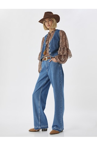 Koton Düz Uzun Paça Kot Pantolon Çift Bel Detaylı Normal Bel - Straight Jean Orta İndigo 5wal40109md İndigo