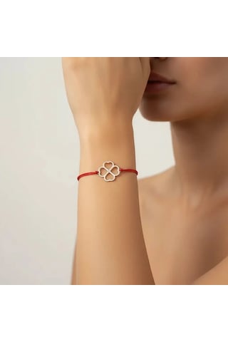 G&a Jewels - Kalpli Yonca - 925 Ayar Gümüş 0.01ct Pırlanta Taşlı Kırmızı İpli Bileklik Gümüş - Kırmızı