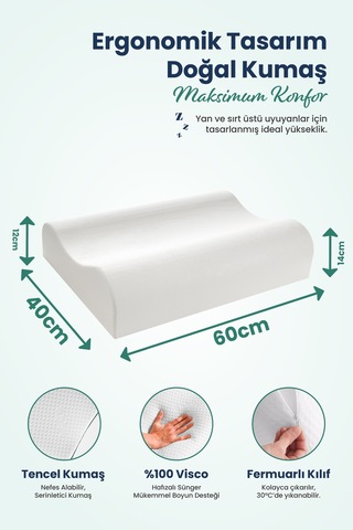 Yüksek Çift Boyun Destekli Ortopedik Visco Yastık 60x40x14-12cm Beyaz