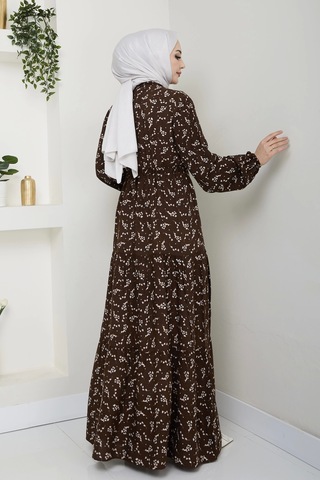 Yaprak Desenli Bağlamalı Viskon Elbise - Kahverengi / E0125 Kahverengi