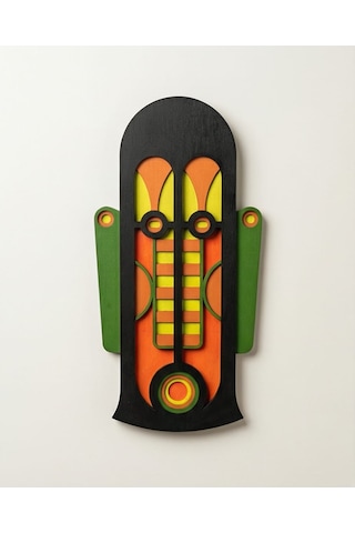 Modern Afrika Tarzı Ahşap Duvar Maskı Mdf - Siyah Turuncu Yeşil Geometrik Tribal Mask 1