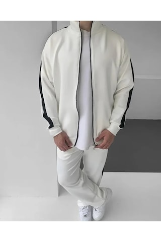 Veraura Lifestyle Erkek Scuba Kumaş Oversize Şerit Detaylı Fermuarlı Alt Üst Eşofman Takımı - Beyaz