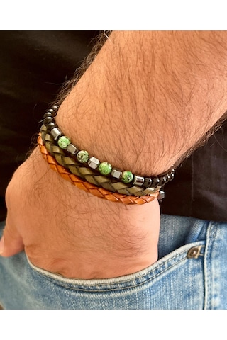 %100 Deri&hematit 3lü Erkek Bileklik Set 21 Cm Türk El Üretimi