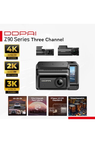Z90 Araç Kamerası Ön Arka İç Kamera 3 Kanallı Full Hd Kayıt Geniş Açı Döngüsel Kayıt