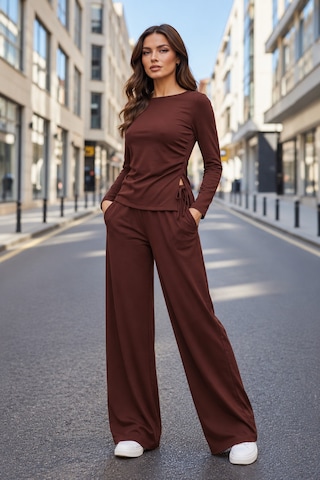 Moda Banuş Modal Kumaş Bol Paça Eşofman Takımı Kahverengi Bej Bej