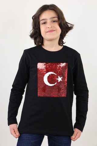 Toontoy Kids Toontoy Unisex Çocuk Atatürk Bayraklı Çift Taraflı Pullu Tişört Siyah