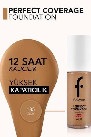 Flormar Perfect Coverage Yoğun Kapatıcı Su Bazlı Fondöten (Sıcak Alt Ton) -135 Hazel -8682536070638