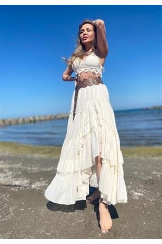 Eren Style Özel Tasarım Ham Keten Otantik Astarlı Carmen Etek-9895 Bej