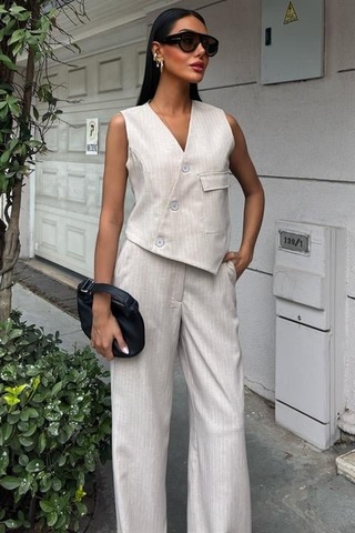 Yeleği Çapraz Detay Düğmeli Cepli Yelekli Takım 10150 Altın