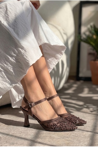 Giamgia Store Kadın Kahverengi Tül Taş İşlemeli Sivri Burun Topuklu Abiye Ayakkabı-2420