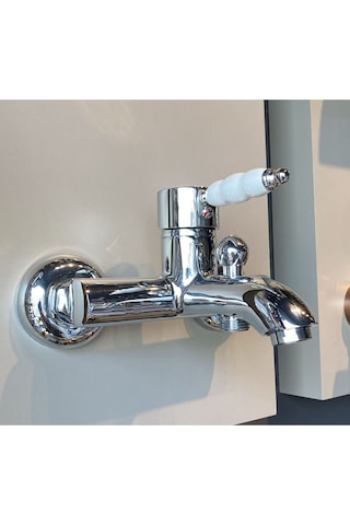 İsaoğlu Yapı Banyo Bataryası Vintage Tasarım Porsalen Banyo Musluğu Pirinç Gümüş