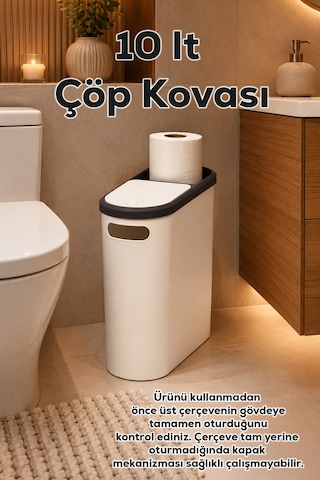 Porsima M-325 Çöp Kutusu Banyo Mutfak Çöp Kovası Kapaklı Banyo Çöp Kovası 10lt Beyaz
