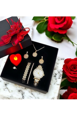 Gold Kadın Taşlı Siyah Kare Hediye Kutu Set Altın