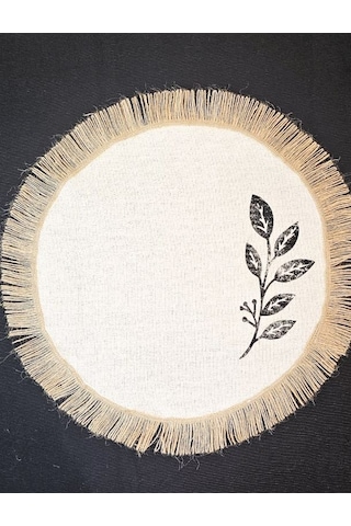 %100 Pamuklu Ham Keten Hasır Püsküllü Yaprak Taş Baskı 6' Lı Amerikan Servisi Supla Yuvarlak 40cm Naturel