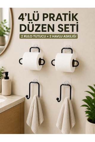 Duvara Yapışkanlı Rulo Kağıtlık Ve Havlu Askılığı 2 Şer Adet 4 Lü Set Antrasit Melanj